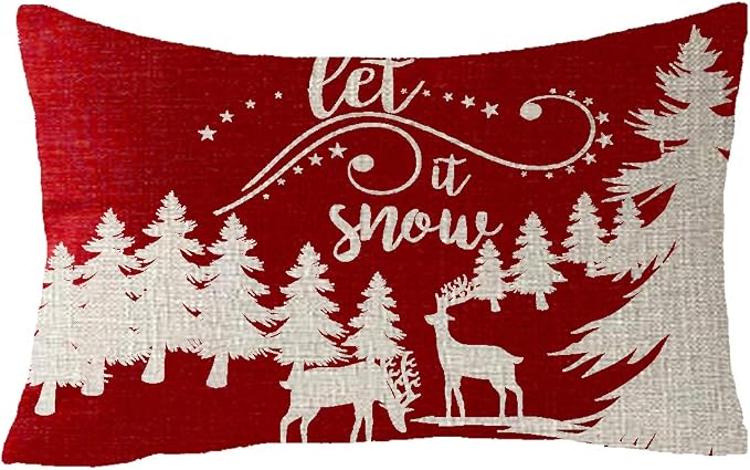 Set of 2, Happy Winter Red Snowflakes Let It Snow Baby It's Cold Outside Animal Elk Merry Cotton Linen Decorative Throw Pillow Cover Cushion Case 12''X20''inches