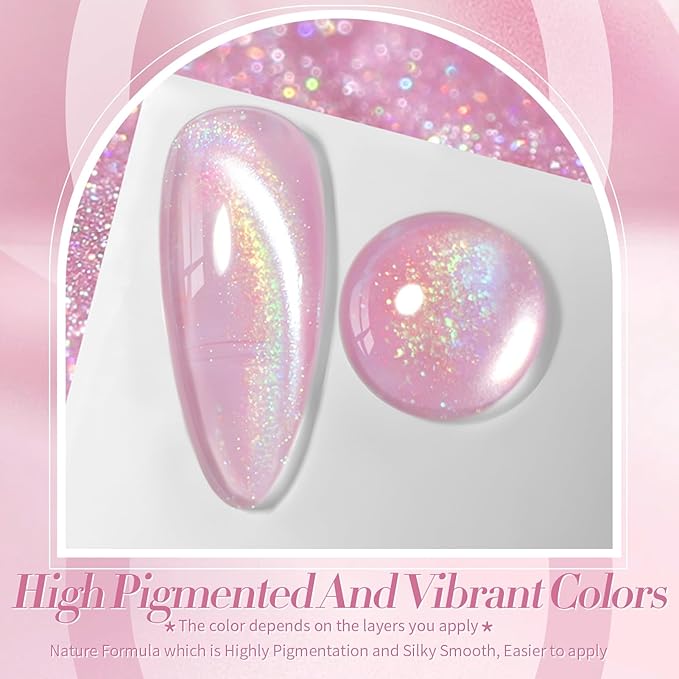 BORN PRETTY Pink Cat Magnetic Eye Gel Nail Polish Rainbow Holographic Moonlight Glass Magnetic Gel Nail Polish 15ML