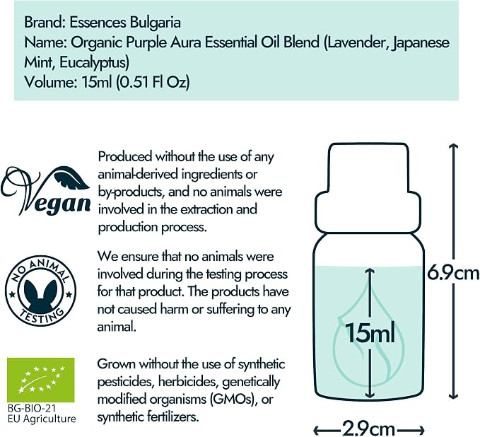 Essences Bulgaria Purple Aura Organic Essential Oil Blend 0.51 Fl Oz | 15ml | Lavender, Japanese Mint, Eucalyptus | Aromatherapy, Sauna & SPA | 100% Pure & Natural | Undiluted