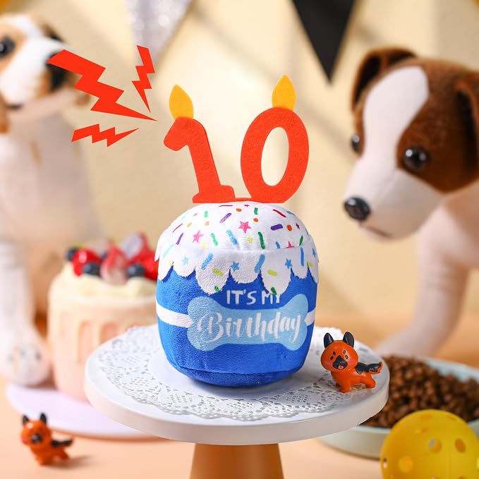 Dansydaisy Dog Birthday Cake Toy Squeaky Plush Gift,10th,Blue