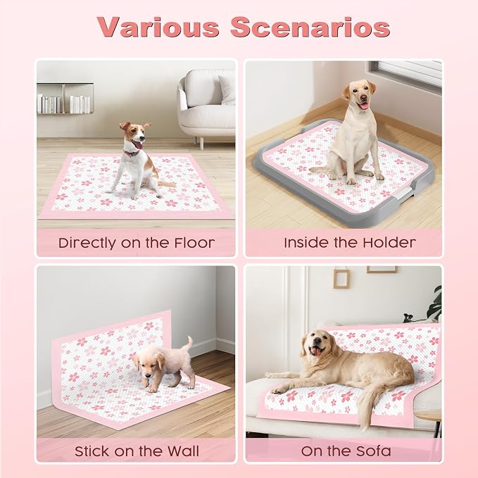 MIZOK Pink Puppy Pads with Adhesive Tabs Disposable Pee Pads 28x34in 30Ct | Heavy Duty Floor Protection Super Absorbent Large Pet Training Pads Use Sticky Bottom Strips to Keep Indoor Areas Mess Free