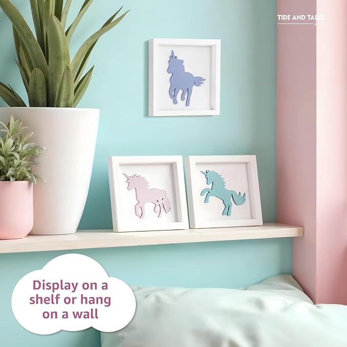 Tide and Tales Unicorn Wall Decor (Set of 3) 3D Framed Unicorn Bedroom Decor for Girls, Pastel Girls Room Decorations, White Wood Nursery Decorations Wall Art, Gift-Boxed