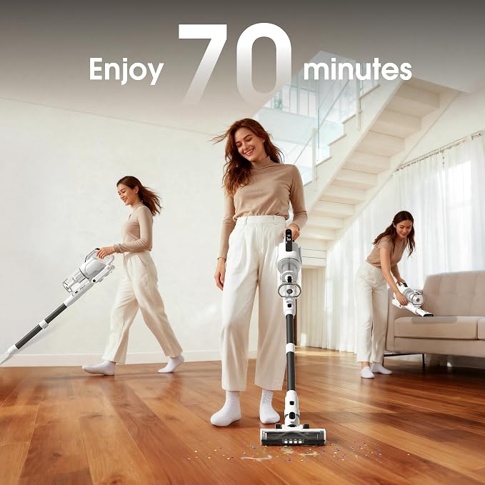 Cordless Vacuum Cleaner, Upgraded 650W 55KPa 70Mins Runtime Stick Vacuum Cordless, Self-Standing Lightweight Vacuum Cleaners for Home with LED Headlight Touch Screen, for Pet Hair/Carpet/Floor