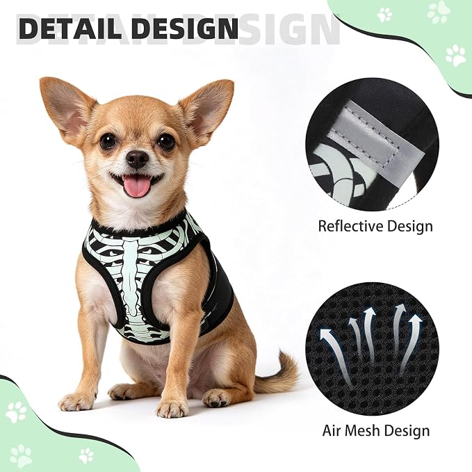 KOOLTAIL Halloween Dog Harness and Leash Set for Small Medium Dogs,Step in No Pull Soft Mesh Comfort Padded Pet Vest Harness,Glow-in-Dark Skeleton Design Easy Walking Puppy&Cat Harness for Holiday M