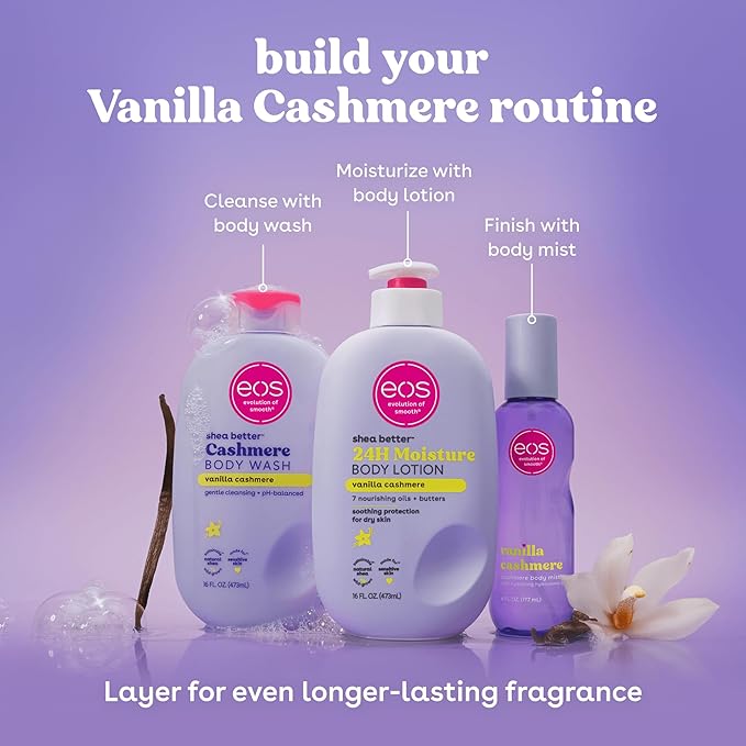 eos Vanilla Cashmere Scent Layering Bundle - Body Wash, Body Mist, Body Lotion