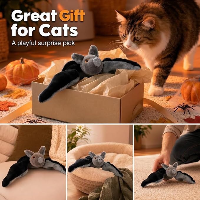 Flying Bat Dog Toy, Flapping Wings Interactive Chirping Pet Teaser, Remote Control Rechargeable Halloween Bat Toy with Catnip Filling, Electric Simulation Flying Motion Toy for Cats Dogs,1pc