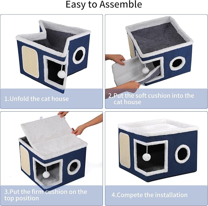 Shikha Cat House Bed for Indoor Cats with Fluffy Ball and Scratch Pad Blue | Foldable Large Cat Cave Hideaway with Cozy Condo, Hide and Seek Window, Holds Up to 30LBS, All Season Reversible Cushion