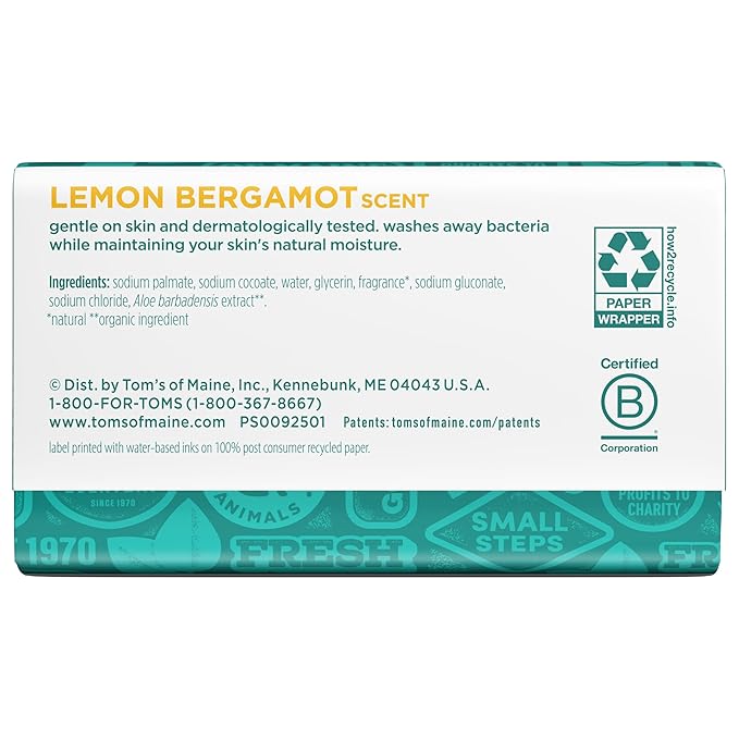 Tom’s of Maine Lemon Bergamot Natural Bar Soap with Aloe Vera, Dermatologically Tested, Paraben Free, Vegan, 5 oz, 4 pack