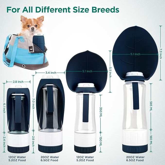 Uppetly Dog Water Bottle, Pet Water Bottle with Food Container and Drinking Feeder, Leak Proof, BPA-Free, Portable Foldable Puppy Water Cup Dispenser for Outdoor Walking, Travel, Small Dark Blue
