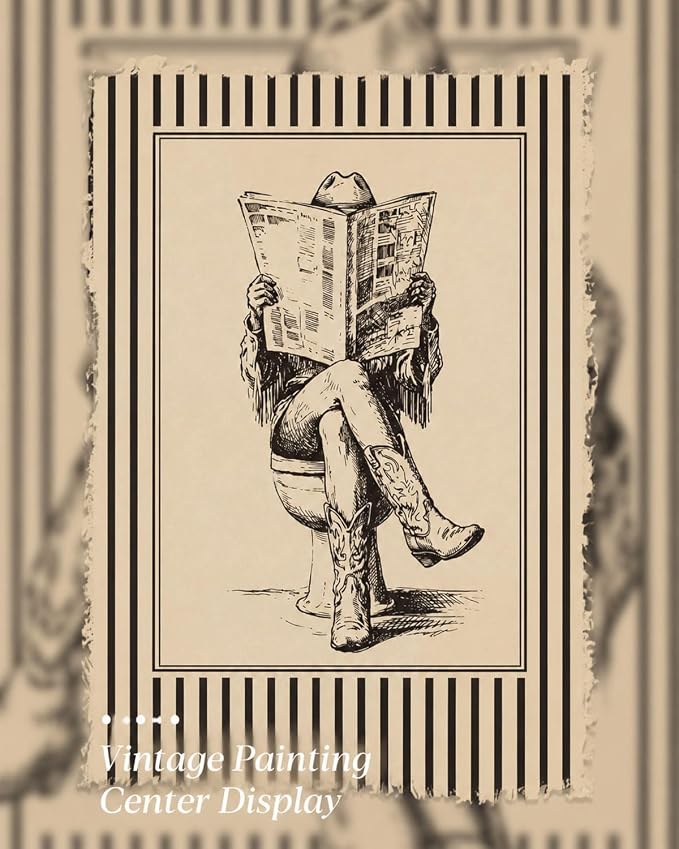 Gold Framed Wall Art, Funny Western Cowgirl Bathroom Canvas Prints, Cowgirl Reading Newspaper on Toilet Picture Wall Decor, Neutral Rustic Farmhouse Artwork for Bathroom Restroom 12x16 inch