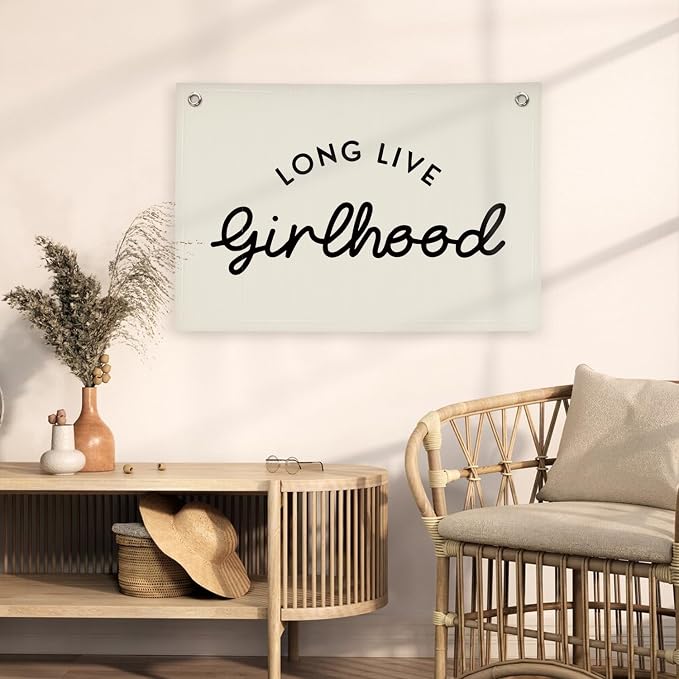 Girl Room Decor Long Live Girlhood Linen Banner Hanging Flag Retro Banner for Nursery Playroom Wall Decor for Kids Bedroom Decorations,Baby shower gifts 30x20(Black Letter)