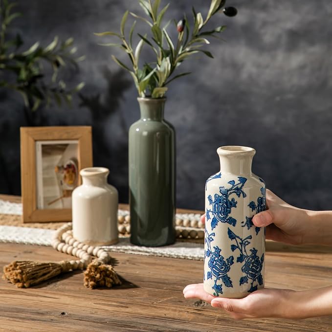 3Pcs Vintage Blue White Floral Ceramic Vase Set, Chinoiserie Farmhouse Decor Vases for Home Table Kitchen Living Room