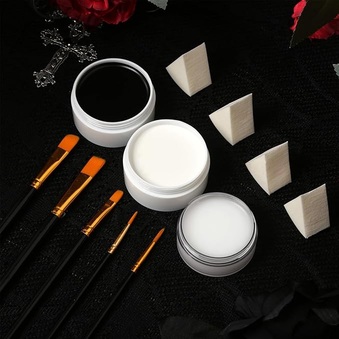 Black & White Face Paint Kit – Large 50g Oil-Based Grease Makeup Jars with Remover, 5 Brushes & 4 Sponges – Halloween, Cosplay & Stage SFX Makeup Set