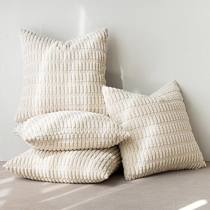 MIULEE Pack of 4 Corduroy Decorative Throw Pillow Covers 22x22 Cream White | Neutral Rustic Farmhouse Boho Soft Striped Pillow Covers,Home Decor for Sofa,Living Room,Couch,Bed