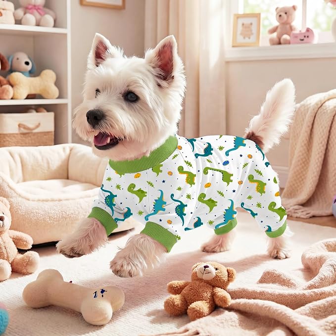 Dog Pajamas for Small Medium Dogs Pjs Green Dinosaurs Dog Onesie Breathable Puppy Pj Pet Stretchy Soft Sleepwear for Spring Summer Costume-M