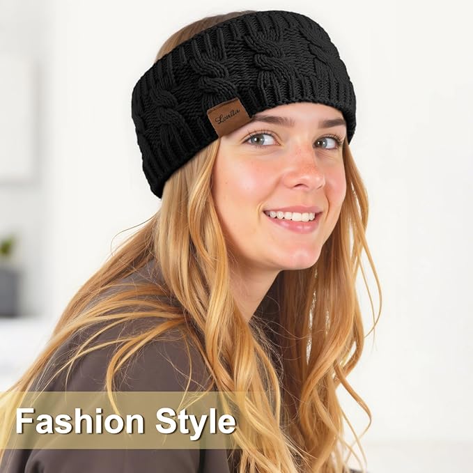 Loritta 2 Pack Headbands for Women Winter Warm Cable Knit Ear Warmer Thick Head Wrap Fuzzy Fleece Lined Gifts