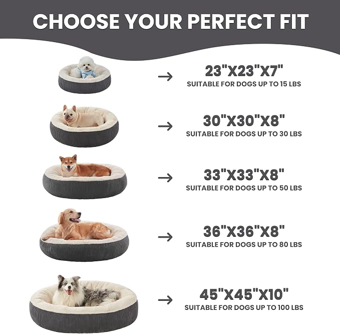 33 inches Calming Donut Dog Bed for Medium Plus Dogs,Dark Grey | Round Pet Bed with Removable&Washable Cover,Plush Faux Fur & Corduroy, Fits Pets up to 50 lbs