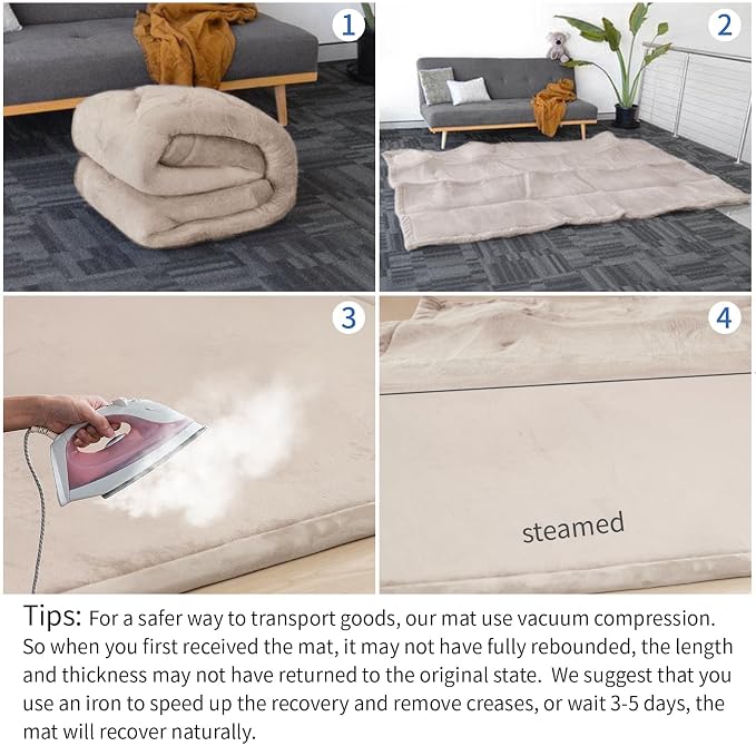 Ultra Soft Baby Play Mat for Floor, 1.3" Thick Elasti-Foam 65x50 Play Mat for Playpen,Water-Repellent Coral Velvet for Tummy Time, Non-Slip Backing,Safe for Toddlers & Infants(Beige)