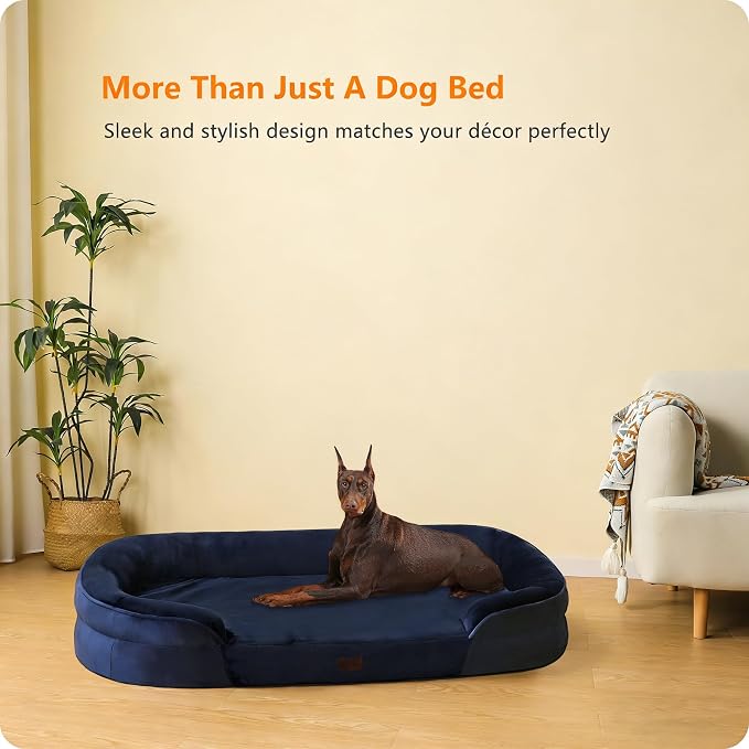Dwanton Orthopedic Waterproof XX-Large Dog Bed Sofa, Gel Memory Foam, 48" | Egg-Crate Foam Dog Sofa, Washable Pet Bed with Four Sided Bolster Cushion, Removable Cover & Non-Slip Bottom, Navy Blue