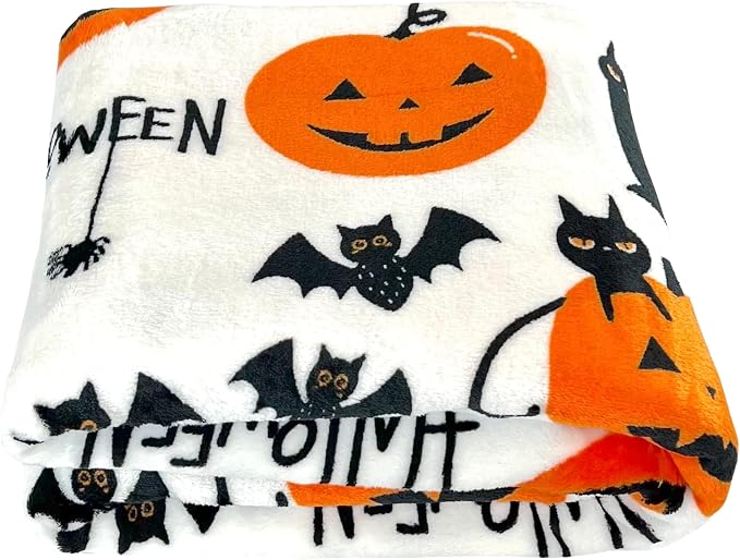 Halloween Fleece Throw Blanket, Cute Black Cats, Bats & Pumpkins, 50x70 in | Ultra-soft cozy flannel fleece, for sofa couch bed chair & dorms, spooky Halloween décor, durable and machine washable.