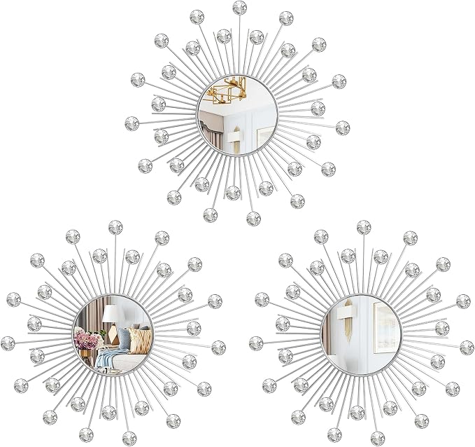 3 Pack Metal Mirrors for Wall Sunburst Wall Mirrors Home Décor Decorative Hanging Wall Art for Living Room Bedroom Entryway (Silver2 Crystal, Sunburst)