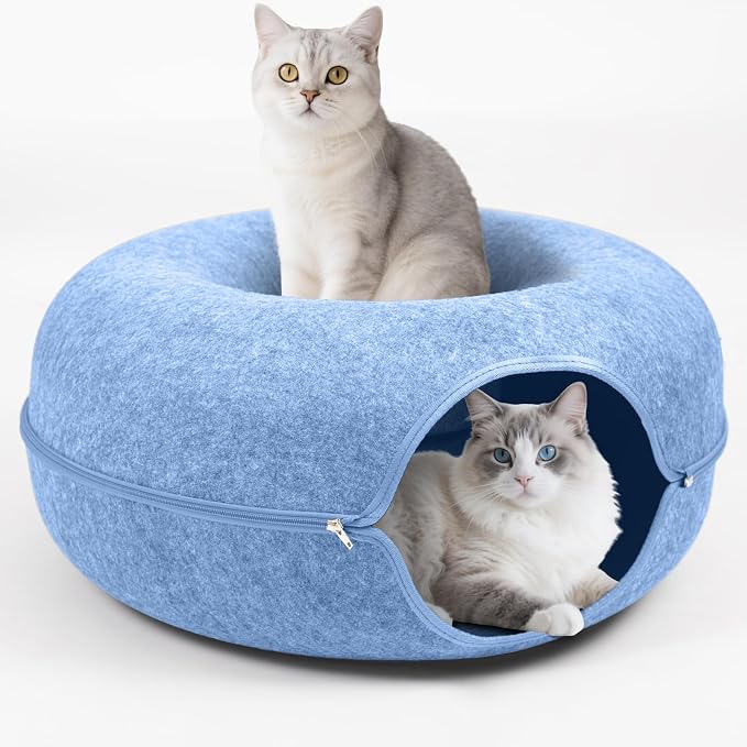 Cat Caves for Indoor Cats, Large Cat Tunnel for Multiple & Large Cats, Scratch Detachable Cave Bed, Kitten Donut Kitty Hideaway Up to 45 Lbs (Blue, Large, 2 Pack)