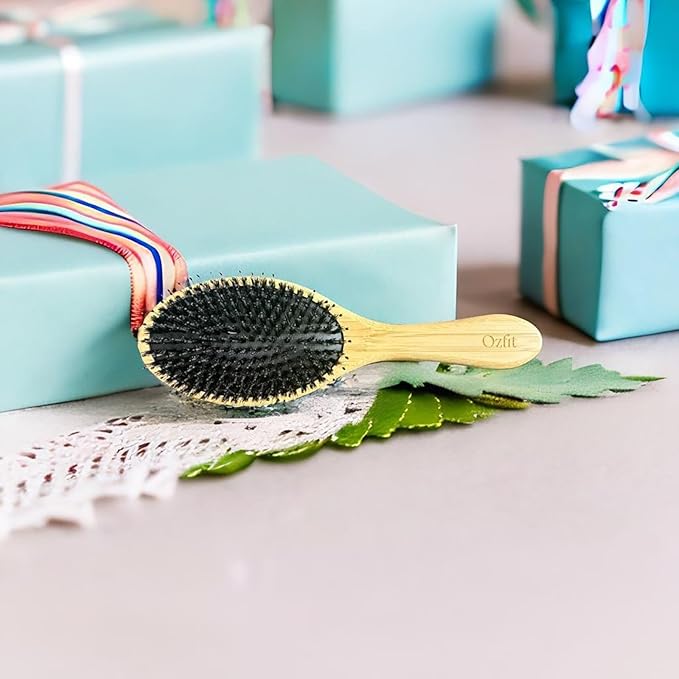 OZFIT Round Hair Brush - Boar & Nylon Bristles for Women, Men & Kids - Smoothing, Massaging & Detangling Wet/Dry Hair - Enhances Shine & Health