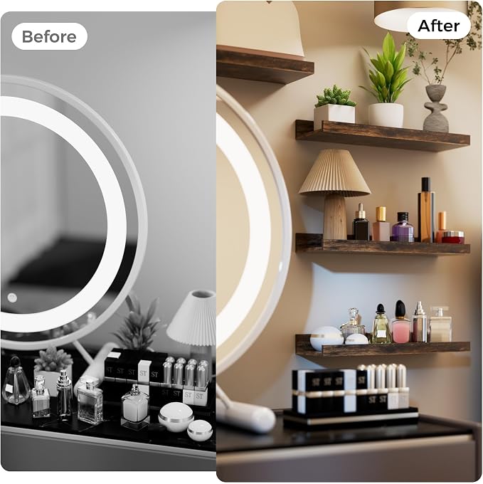 upsimples Floating Shelves for Wall Decor and Storage, Brown, 6Pcs 15.7'' | Wall Mounted Wood Shelves for Living Room, Bedroom, Bathroom, Kitchen, Office, Laundry Room Display and Organize