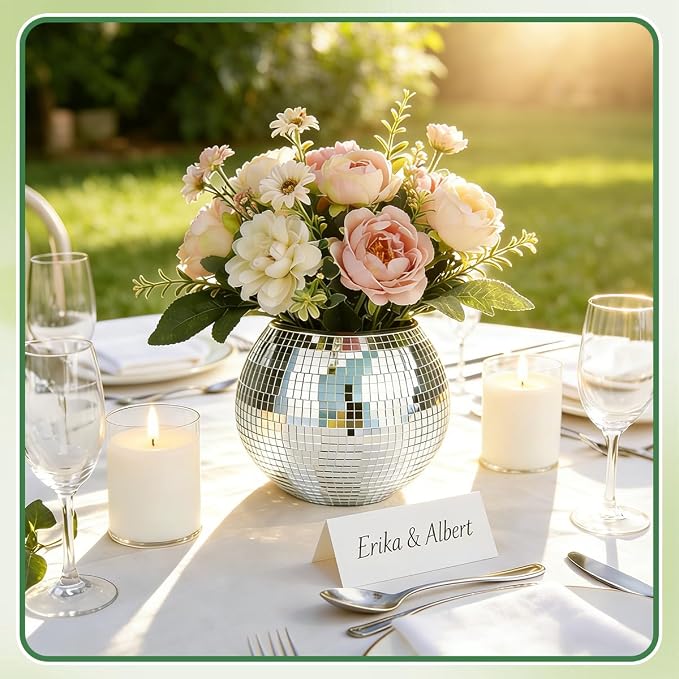 Disco Ball Vase Mirrored Ball Plant Holder Silver Mosaic Glass Disco Planter Centerpiece Decorative Discos Balls Vase Ideal for Weddings,Parties,Birthdays,Celebrations Disco Table Decor (5“ x 6”)