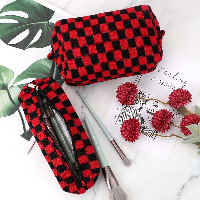 3 Pcs Makeup Bag Cosmetic Bag Set for Girls Women Checkered Travel Organizer Bathroom Toiletry Pouch Large Capacity Storage Bag(Red-Black)