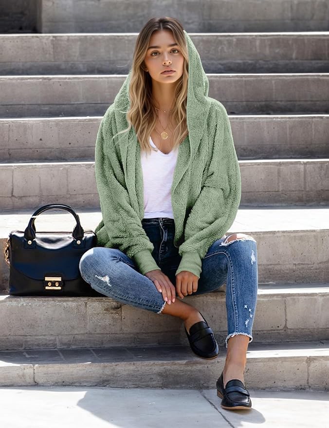 Zilcremo Women Hooded Cardigan Fuzzy Jacket Winter Open Front Fleece Coat Outwear with Pockets