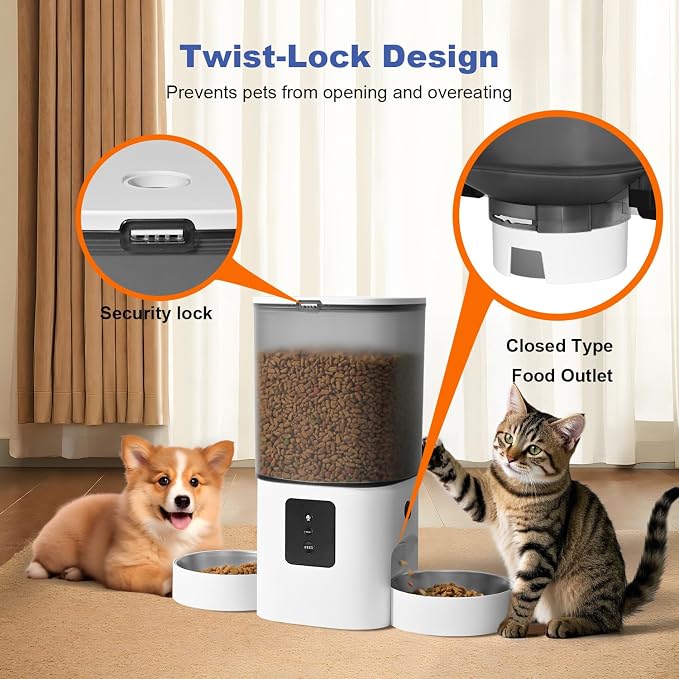 2.4G/5G Automatic Cat Feeder, 6L WiFi Cat Food Dispenser with 10s Voice Recorder, Double Bowl Pet Feeder up to 10 Meals per Day, Timed Feeder with Dry Food Sealed Ring (White)