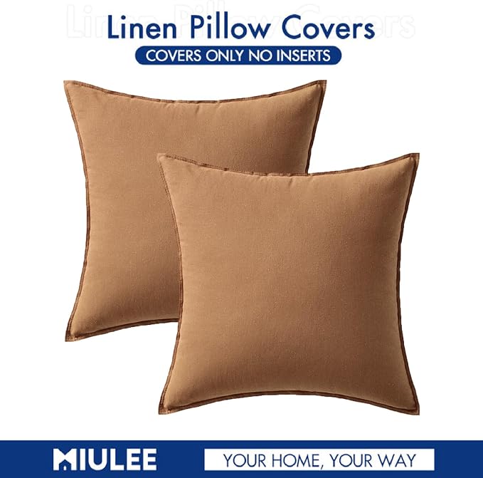 MIULEE Pack of 2 Decorative Linen Pillow Covers 22x22 Inch Brown | Boho Farmhouse Modern, Soft Accent Throw Pillows, Neutral Cushion Covers, Home Decor for Bed Sofa Couch Living Room