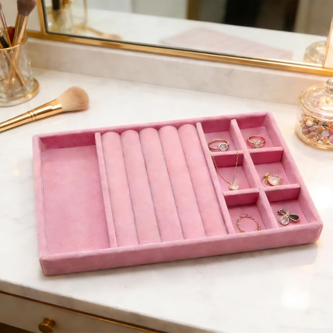 Velvet Jewelry Organizer Tray, Pink 3-in-1 | Stackable Jewelry Storage Display Tray with Removable Dividers for Drawer Dresser Cloest Organizer