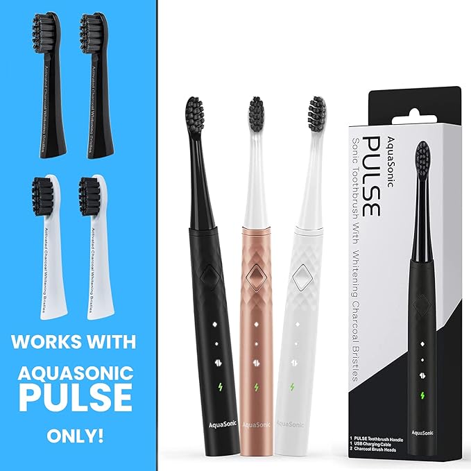 AquaSonic Pulse Activated Charcoal Replacement Brush Heads - Ultra Whitening Brush Heads - 2X Whitening & Stain Remover - Compatible only with AquaSonic Pulse- 2 Pack (Black)
