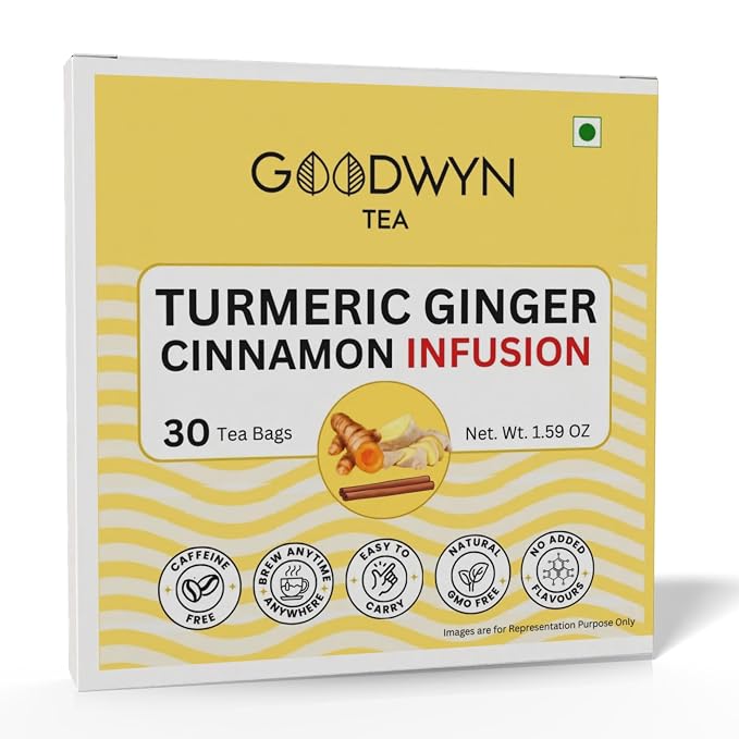 Goodwyn Turmeric Ginger Cinnamon Tea, 30 Tea Bags | Herbal Spice Blend | Caffeine Free | Plastic Free Bags | Warming Infusion, 100% Natural Ingredients