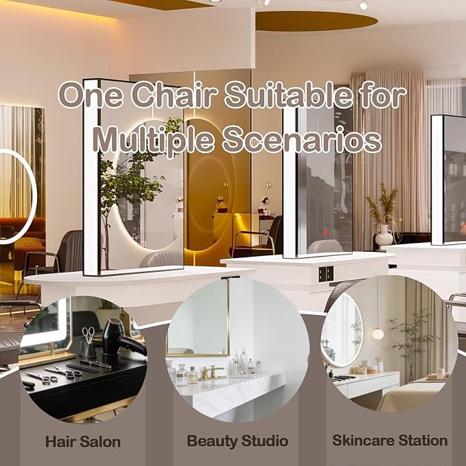 2-Person Salon Station for Hair Stylist with Sleek Modern Glossy Black Design, Barber Station includes LED Mirror, Spacious Countertop, Drawer & Cabinet