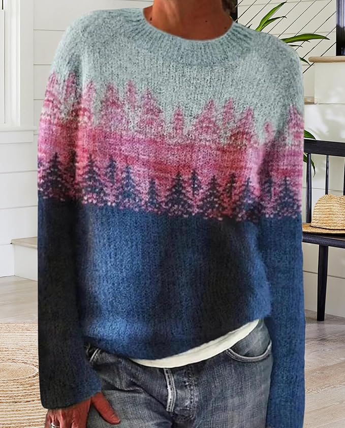 Zhyaj Fair Isle Sweater for Womens Winter Long Sleeve Vintage Knitted Sweater Casual Fall Crew Neck Pullover Sweaters