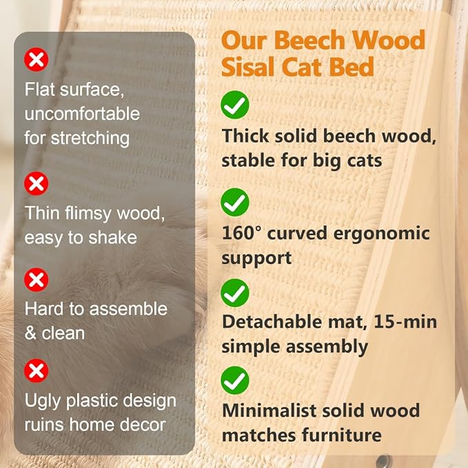 Large Sisal Cat Scratcher Bed Wooden Scratching Pad for Indoor Large Cats | 2-in-1 beech wood scratcher bed with thick woven sisal. Cats scratch & relax, large size shields furniture from scratches.