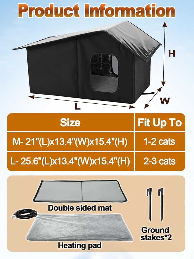 Weatherproof Heated Cat Houses for Outdoor Cats - Insulated Cat Shelter for Winter with Thermostatic Heating Pad and Escape Door, Warm Outside Pet House Gift for 2-3 Feral Cats (Black)