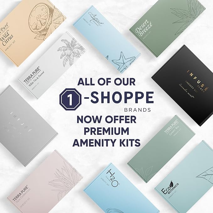 Eco Botanics Amenity & Accessory Kit | 0.85 oz Travel Size Shampoo, Conditioner, Lotion, Body Wash, Body Bar, Cleansing Bar, Shave & Dental Sets, Make-Up Remover Wipes, & Vanity Kit | 15 sets per case