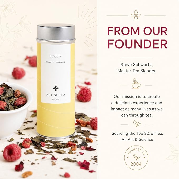 Art of Tea Happy Tea 2oz Loose Leaf Green Tea Tin, Fruity Jasmine Green Tea with Raspberry & Hibiscus, Premium Loose Leaf Tea for Natural Energy Support