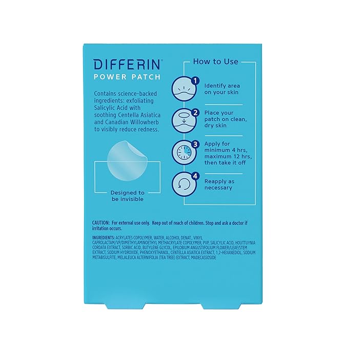 Differin Acne Patches,Pimple Patches for Acne Prone Skin,Formulated with Salicylic Acid and Centella,Fast Triple Action Power Patch for Day & Night,Dermatologist Tested,36 Count (Pack of 12)