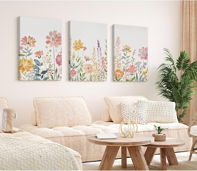 Watercolor Wildflower Wall Art Decor Colorful Flower Pictures Canvas Floral Botanical Wall Art Vintage Prints Poster Floral Painting Artwork for Living Room Bedroom 12x16 Inch Framed Set of 3