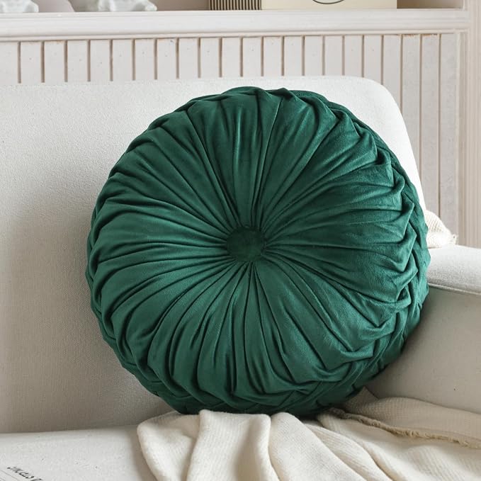 Teieas 2 Pcs Round Throw Pillows Decorative Velvet Pleated Bed Pillows | Vintage floor pillows,back support for couch,chair,dorm,car,sofa,home decor emerald 14.96 in