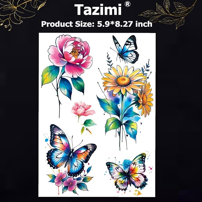Tazimi 3D Large Watercolor Flower Temporary Tattoos For Women Watercolor Roses Flower Butterfly Sunflower Daisy Tattoos Sticker Girls Adults Waterproof Realistic Arm Body Colourful Tattoos