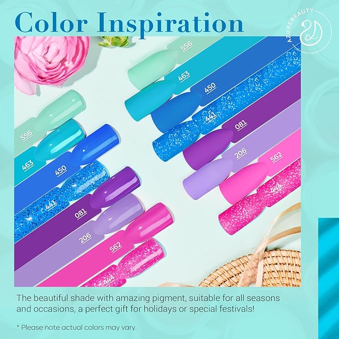 AZUREBEAUTY Dip Nail Powder Starter Kit with Matte Coat, 8 Colors Hot Pink Blue Purple Glitter Spring Dipping Powder Liquid Set with Base/Top Coat Activator 10 Nail Sticks for French Manicure