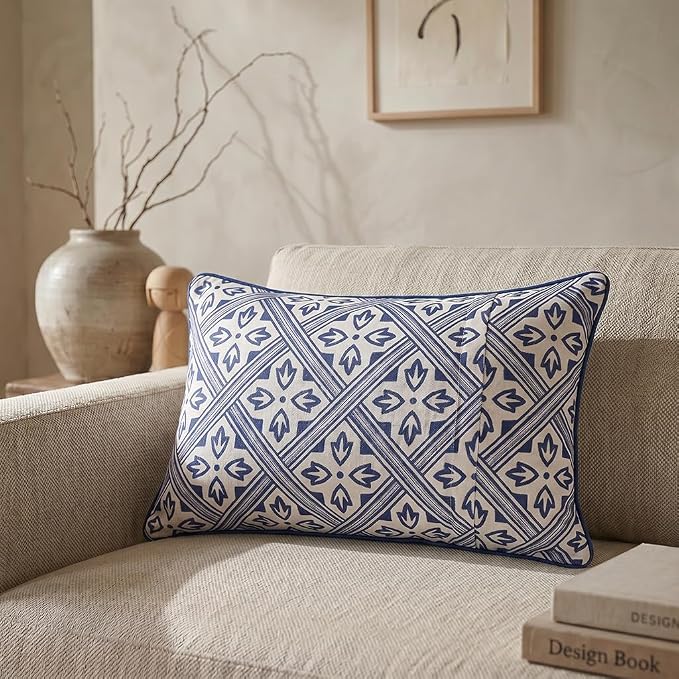 patdrea Designer French Vintage Linen Throw Pillow Cover,12"x20"-Ivar C | Decorative Pillow Case,Chinoiserie Blue Floral Print Pillow Cover for Couch Living Room Bedroom Sofa