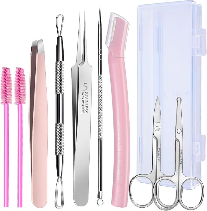 Teenitor Facial Tools Kit with Blackhead Remover Tweezers, Ingrown Hair Tweezers, Pimple Extractor Acne Treatment Tool, Eyebrow Scissors, Razor, Brush