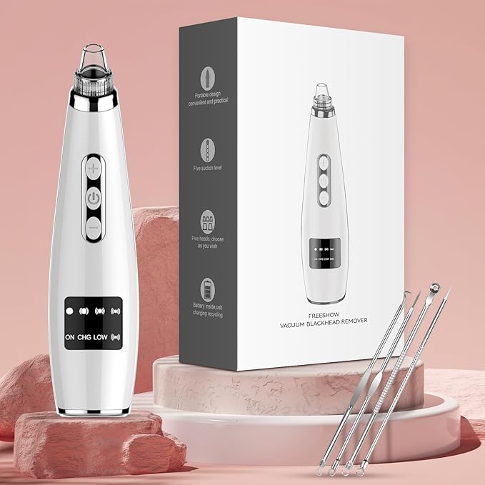 Blackhead Remover Pore Vacuum, Blackhead Vacuum, Facial Pore Cleaner with 5 Adjustable Suction Levels, 5 Probes, USB Rechargeable Pore Cleaner, Electric Comedone Whitehead Extractor Tools Kit